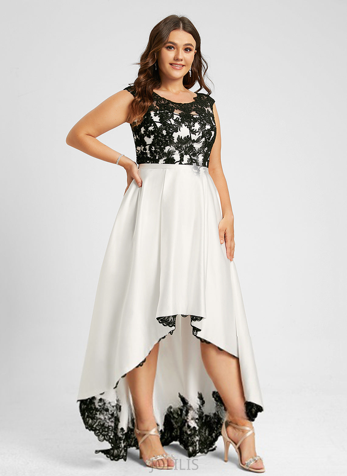 Asymmetrical Scoop Illusion Lace Satin Margery Prom Dresses A-Line