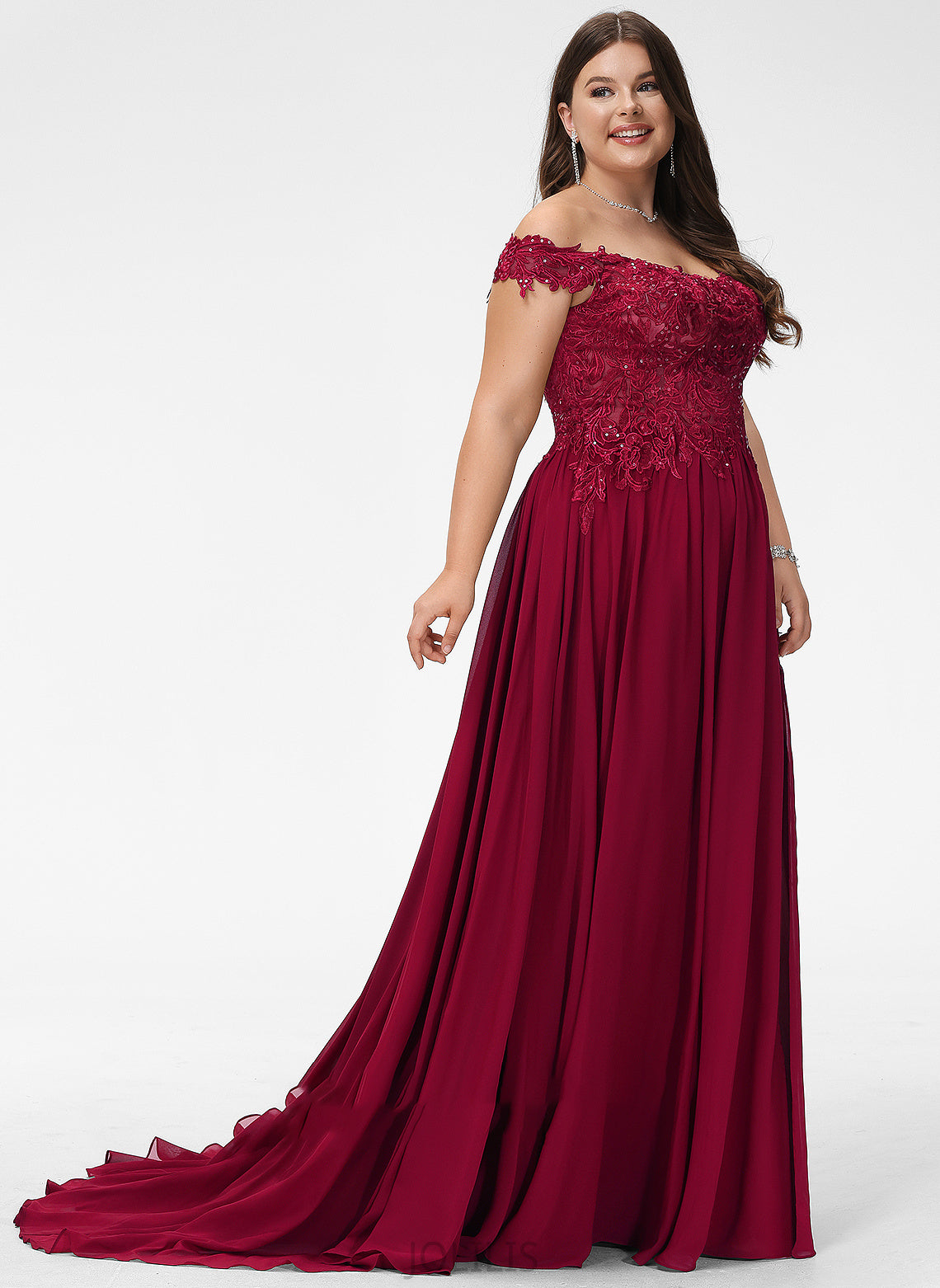 Adelyn Sweep Prom Dresses With A-Line Lace Train Sequins Off-the-Shoulder Chiffon