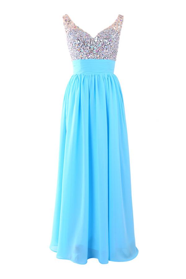 V-neck Chiffon Long Blue Prom/Evening Dress With Beading S05