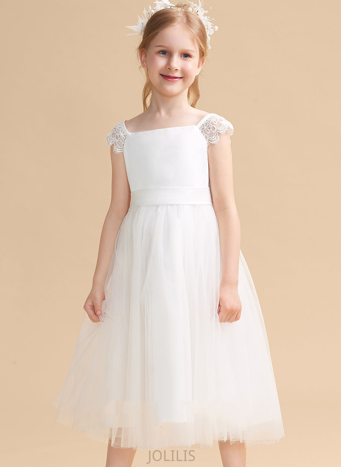 Lace/Sash Dress Sleeveless Girl Flower Girl Dresses Neckline Satin/Tulle A-Line - Square With Flower Christina Tea-length