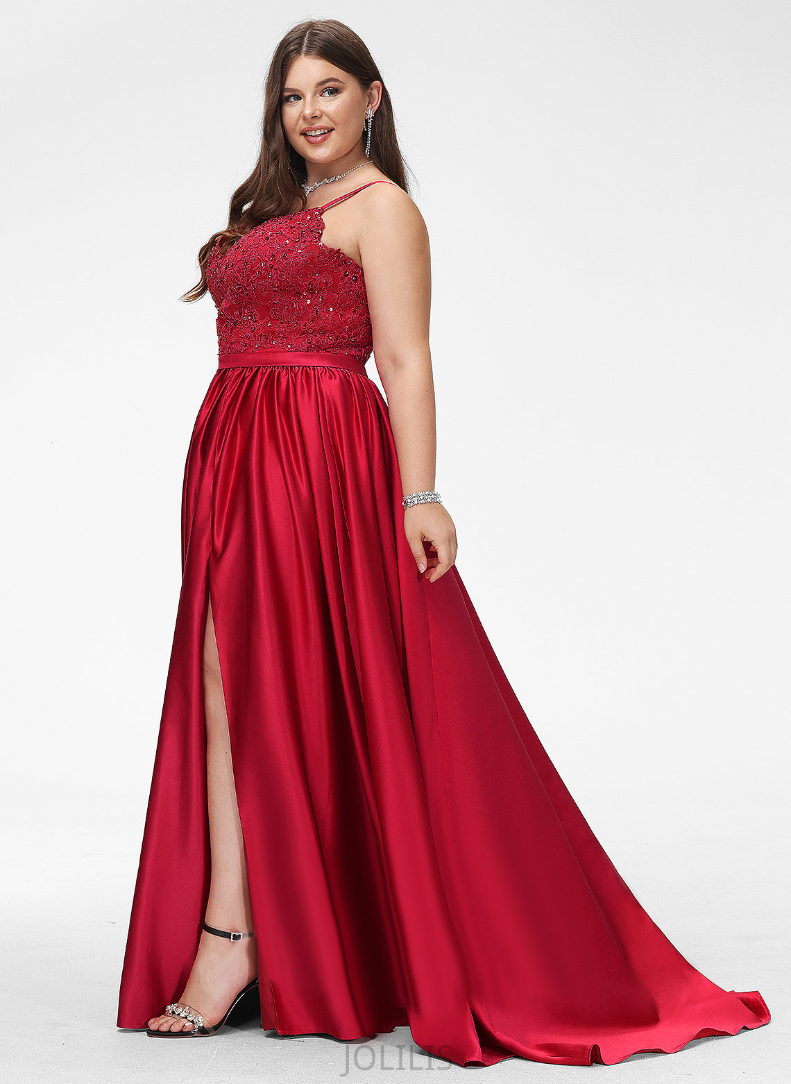 Beading Sweep Amina Train With Ball-Gown/Princess Lace Satin V-neck Sequins Prom Dresses