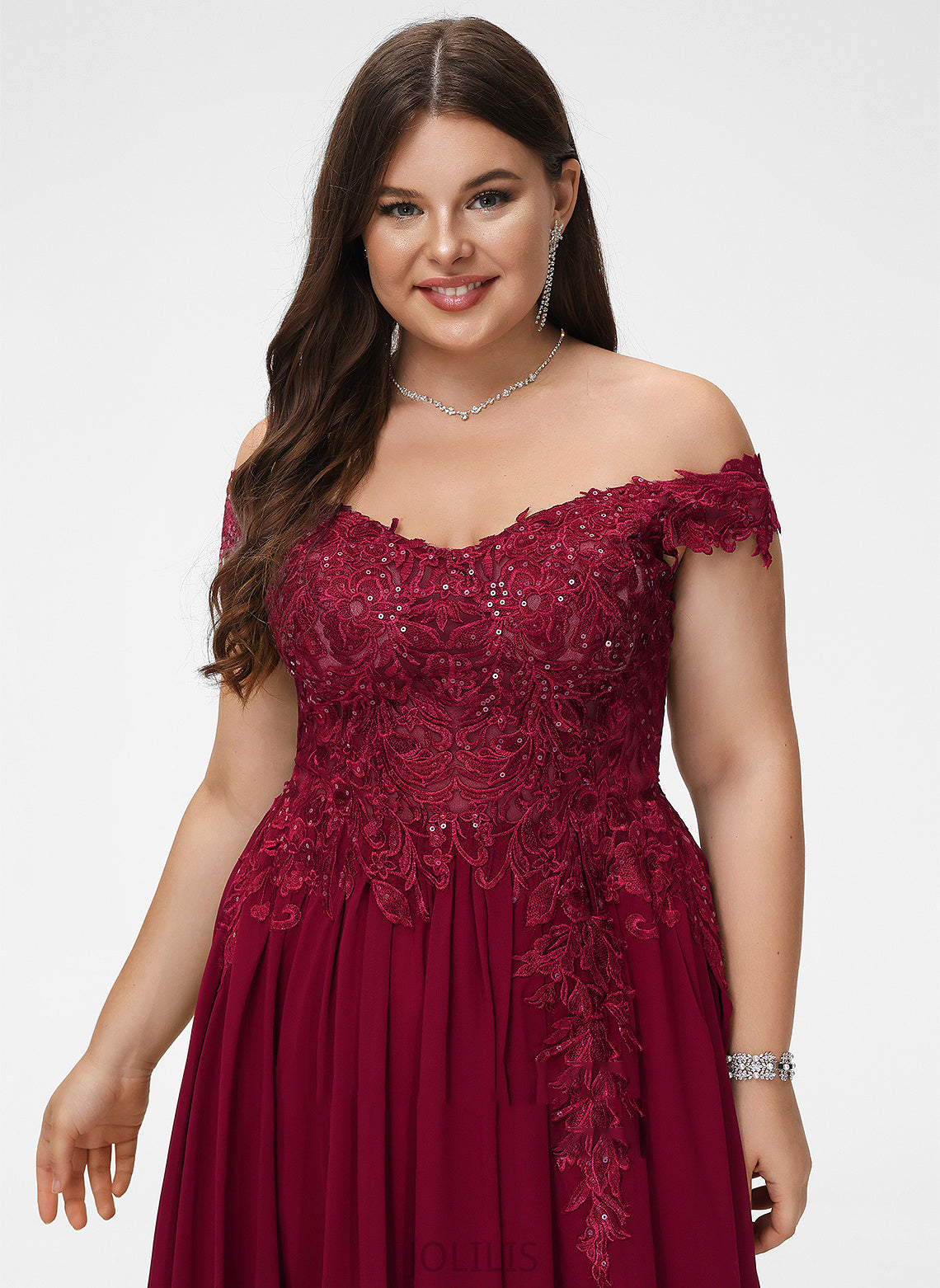 Adelyn Sweep Prom Dresses With A-Line Lace Train Sequins Off-the-Shoulder Chiffon