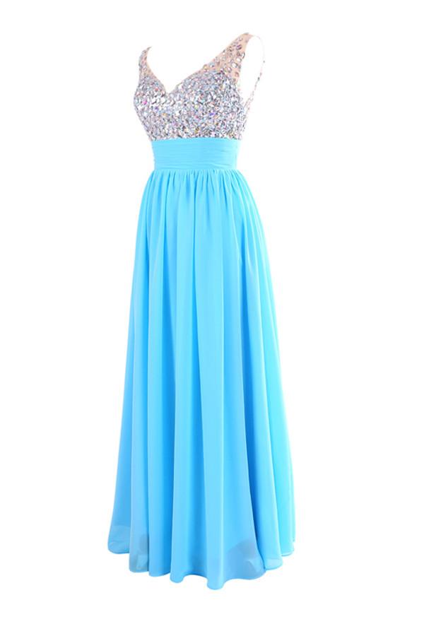 V-neck Chiffon Long Blue Prom/Evening Dress With Beading S05