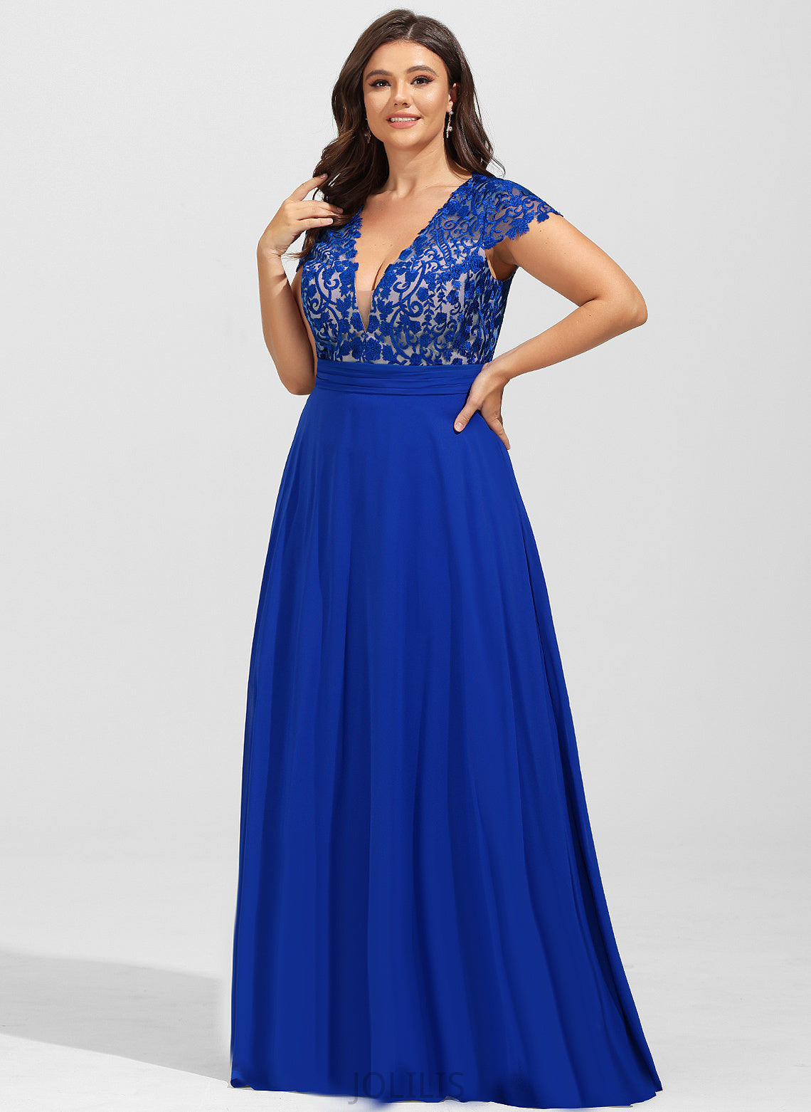 V-neck Prom Dresses Chiffon A-Line Floor-Length Laci Lace