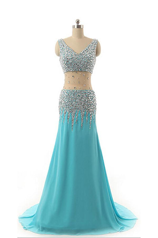 V-neck Light Sky Blue Beaded Long Prom Evening Dresses 14