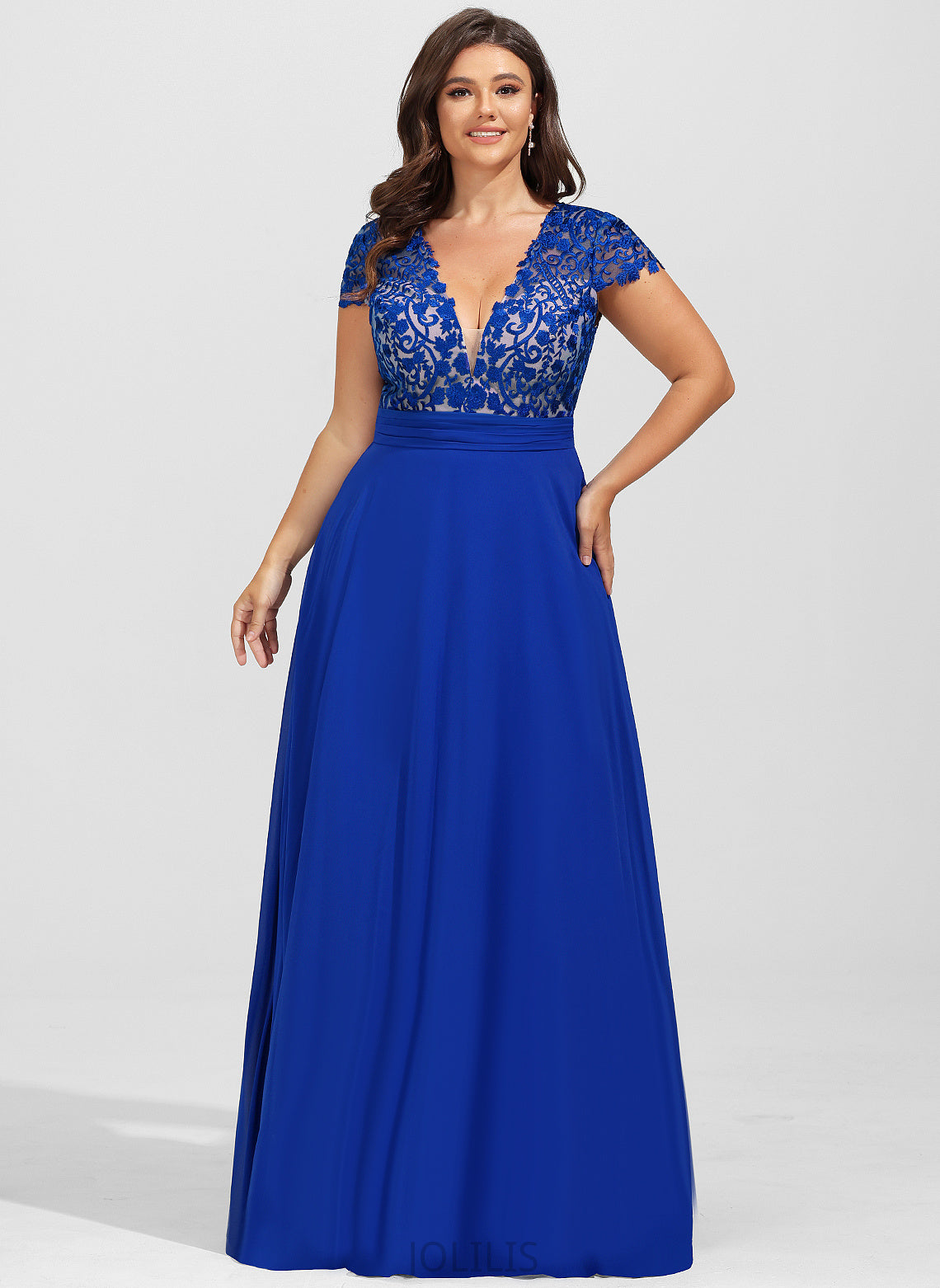 V-neck Prom Dresses Chiffon A-Line Floor-Length Laci Lace