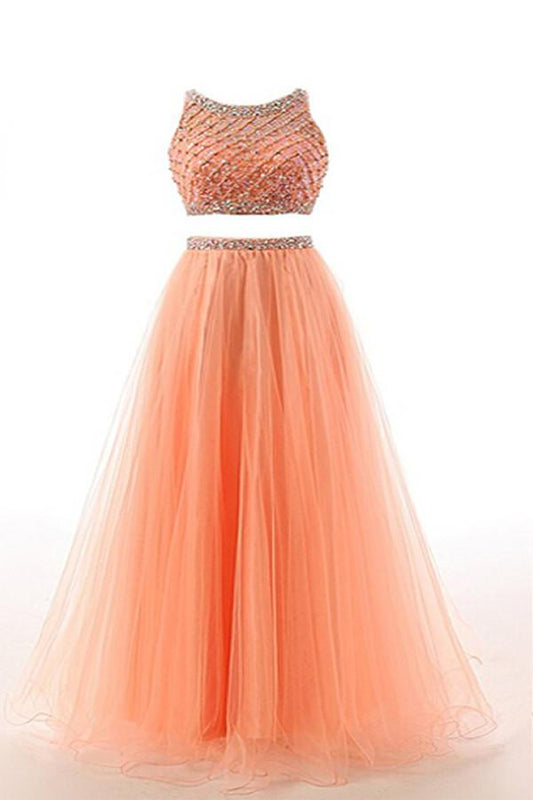 Two Pieces Orange Red Beaded Long Prom Graduation Dresses ED0965