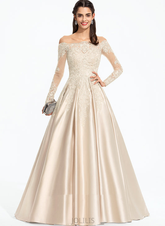 Lace Ball-Gown/Princess Sequins Satin Prom Dresses Train Off-the-Shoulder With Sweep Ada