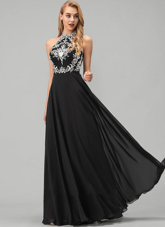 A-Line Susie With Floor-Length Neck Lace Prom Dresses Chiffon Scoop