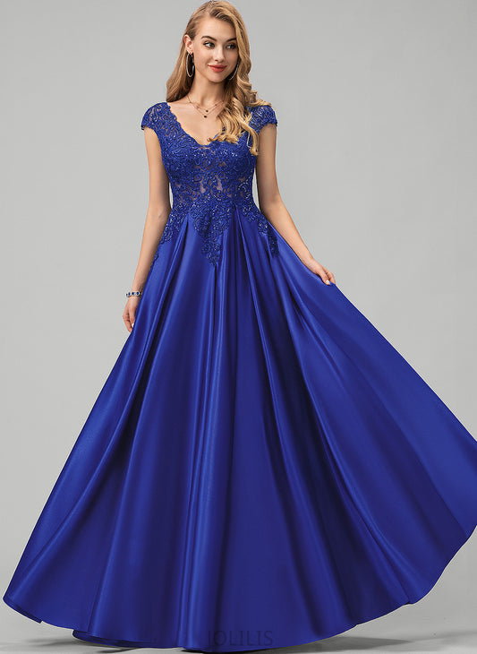 Prom Dresses Satin Floor-Length With Ball-Gown/Princess Sequins V-neck Zoey