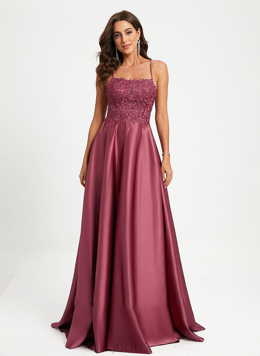 Sweep With Prom Dresses Satin Sequins Train Neckline Gracie A-Line Beading Square