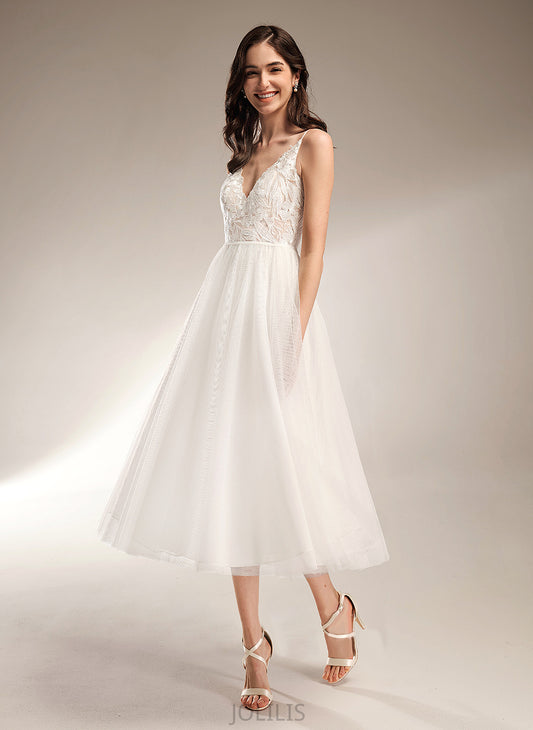 Tulle Wedding Lace Dress Elianna Tea-Length Wedding Dresses V-neck A-Line