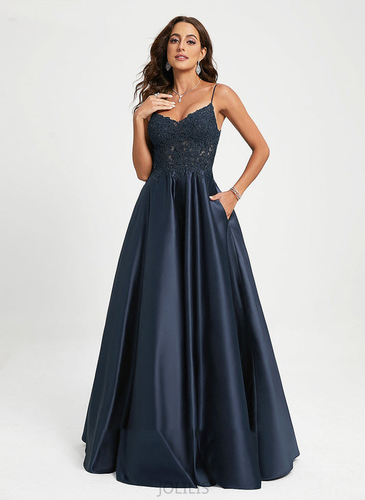 Sequins A-Line Satin Floor-Length Zaniyah With Lace Prom Dresses V-neck