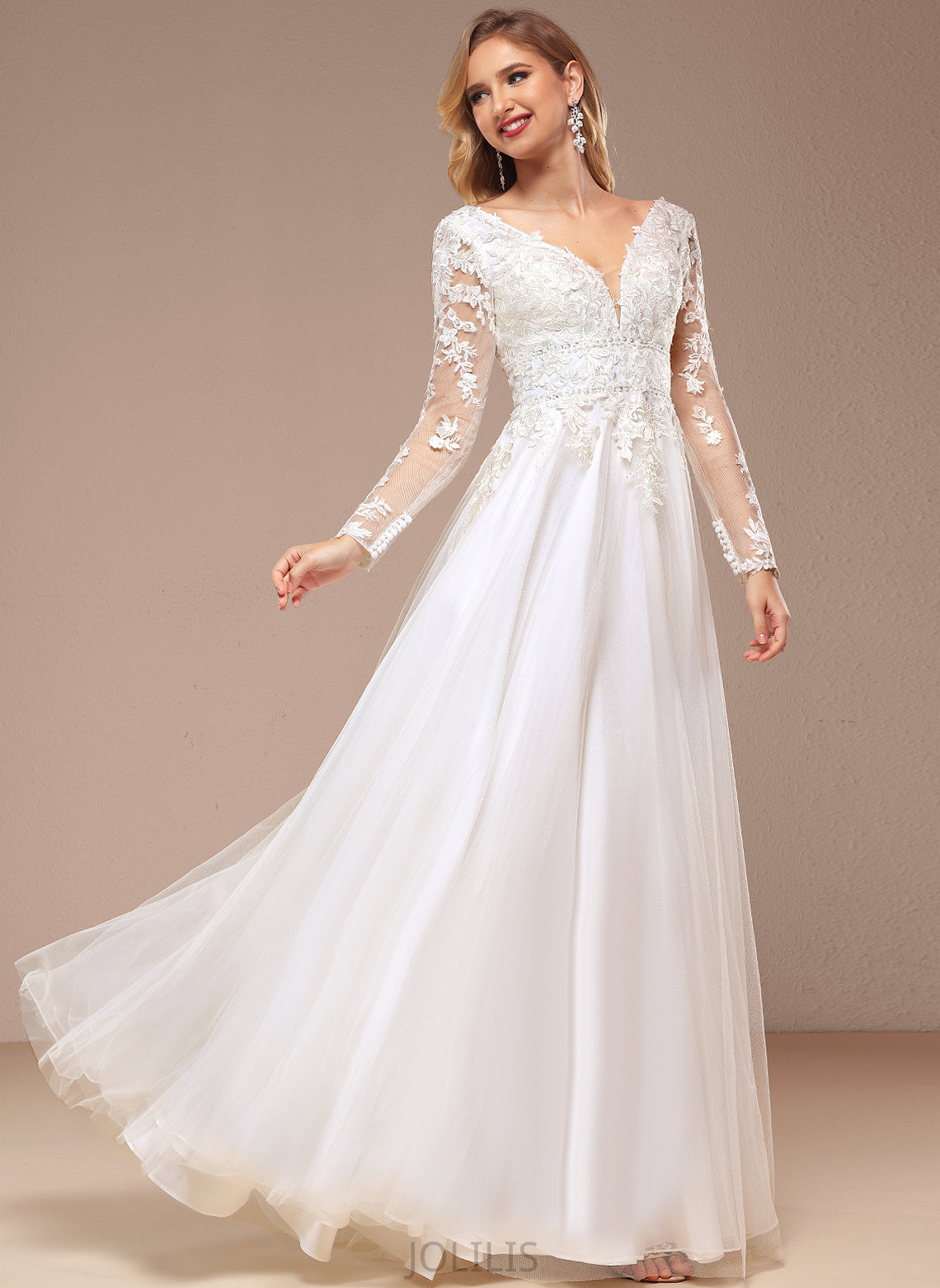 Wedding Dresses A-Line Wedding Lace Beading Dress With V-neck Abril Floor-Length Tulle Sequins