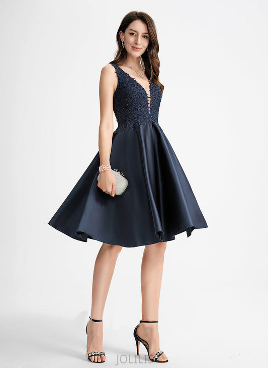 Lillianna Beading Homecoming Dresses V-neck A-Line Satin With Dress Knee-Length Lace Homecoming