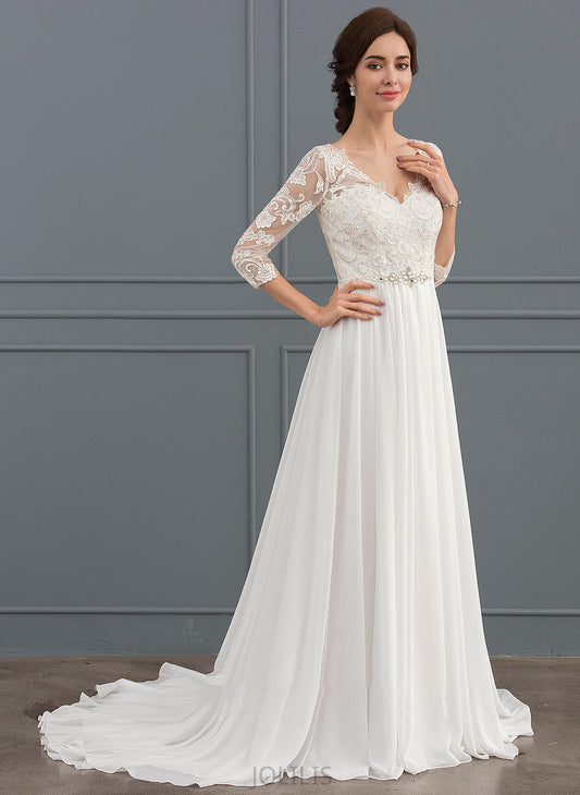 Emmalee Chiffon V-neck Beading Train Wedding Sequins Sweep With Dress Lace Wedding Dresses A-Line