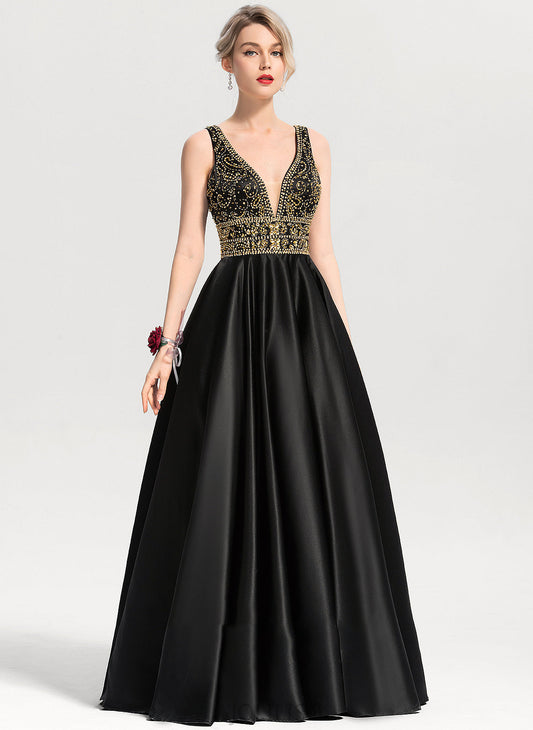 Lucia Beading Floor-Length Prom Dresses Sequins Satin With V-neck Ball-Gown/Princess