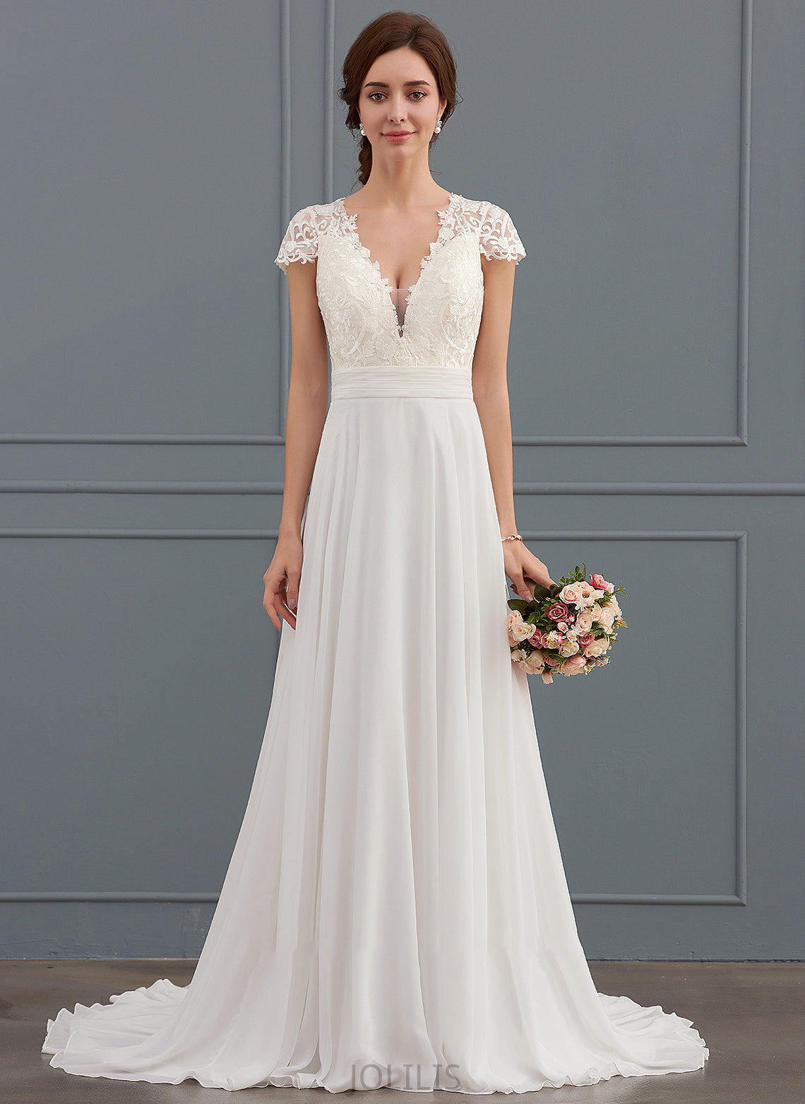 A-Line Ruffle V-neck Train Wedding Dresses Chiffon Wedding Jordan With Sweep Dress