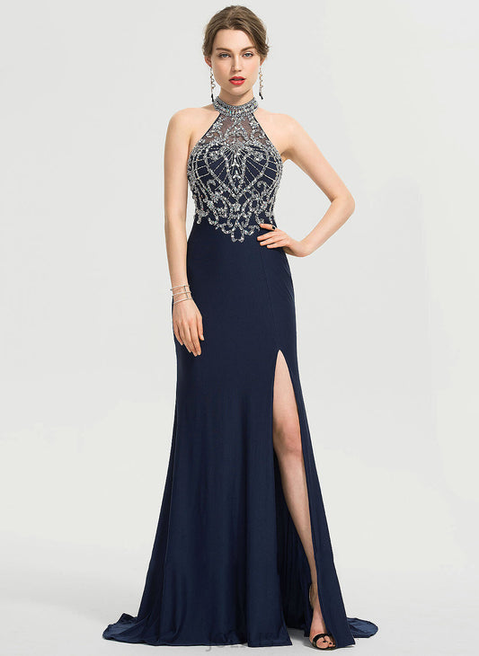 Jersey Nadine Front Sheath/Column Prom Dresses Split Scoop Neck Sequins Beading With Train Sweep