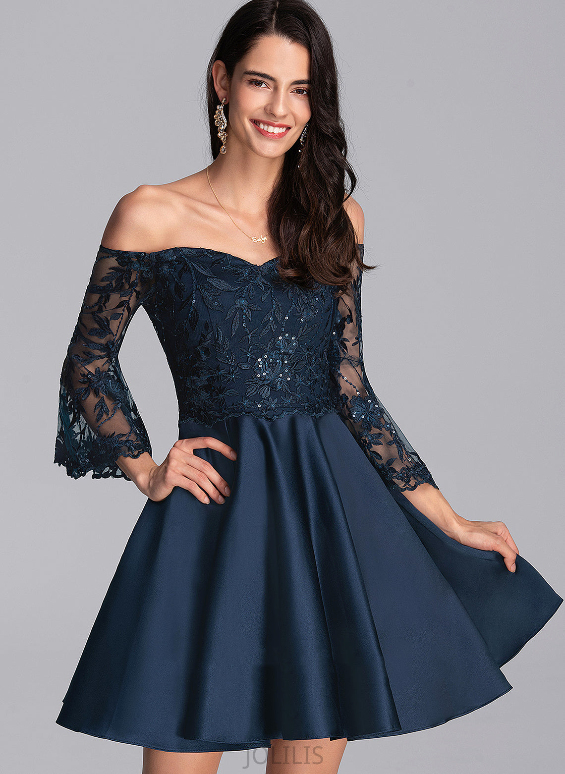 Short/Mini Dress Satin Lace Homecoming Off-the-Shoulder Homecoming Dresses A-Line With Adrianna