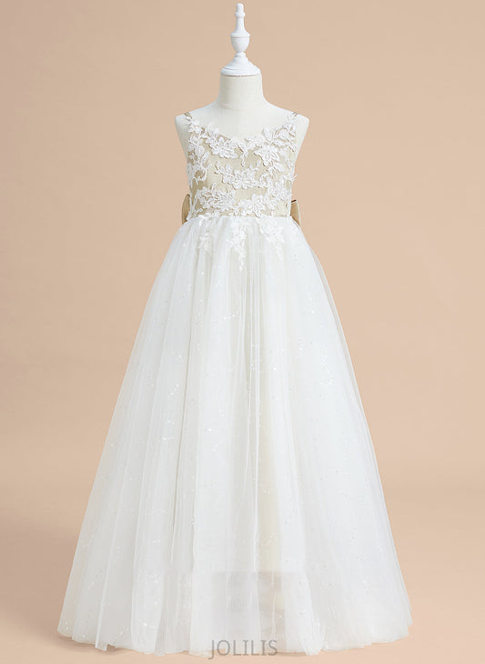 Floor-length With Flower Girl Dresses Girl V-neck Ball-Gown/Princess - Dress Sleeveless Satin/Tulle Lace/Bow(s) Flower Justine