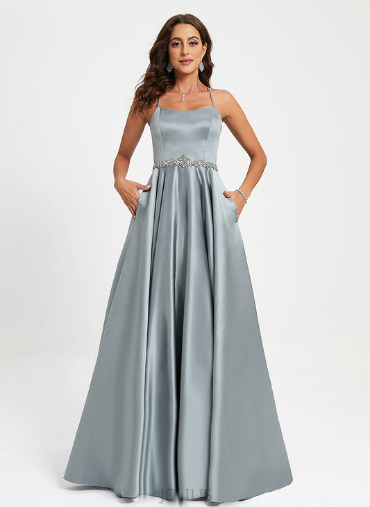 Prom Dresses Scoop Satin Floor-Length With A-Line Giuliana Beading