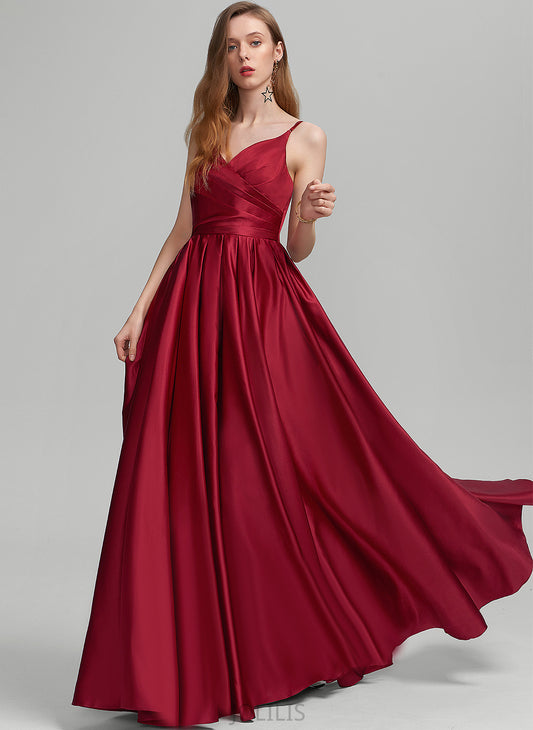 Floor-Length V-neck Ruffle Prom Dresses Satin With Skylar A-Line