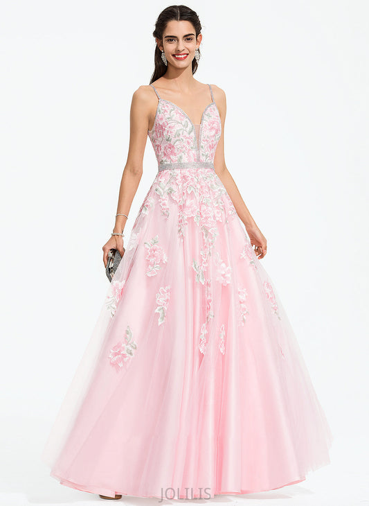 V-neck Sequins Floor-Length Isabelle Prom Dresses Beading Ball-Gown/Princess With Tulle