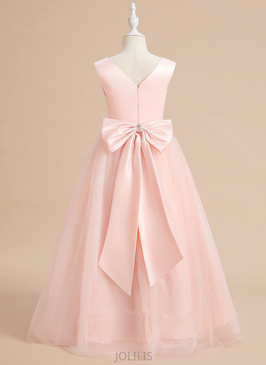 Ball-Gown/Princess V-neck Flower - Dress Flower Girl Dresses Satin/Tulle Sleeveless Floor-length Girl Chana Bow(s) With