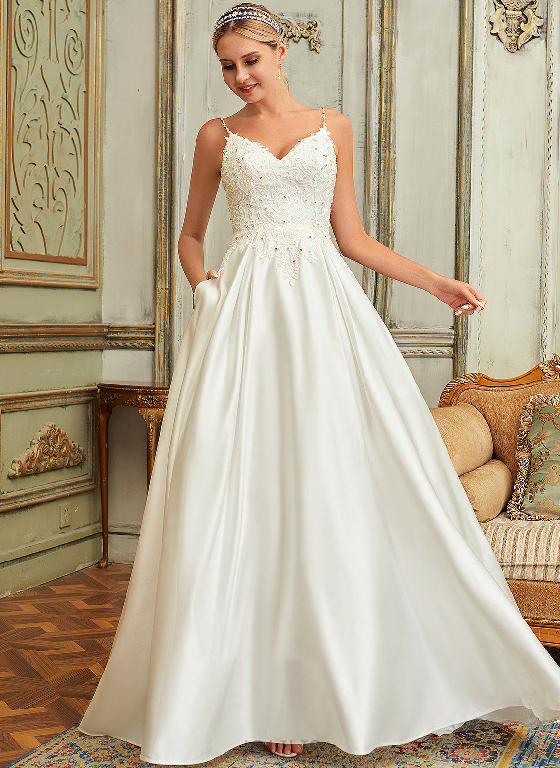 Wedding Pockets Train Sequins With Satin Lace Sweep Dress Madisyn Wedding Dresses Ball-Gown/Princess Beading Lace V-neck