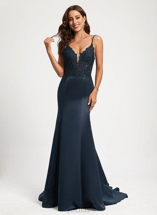 Sequins Lace Satin Carmen With Train Sweep Trumpet/Mermaid V-neck Prom Dresses