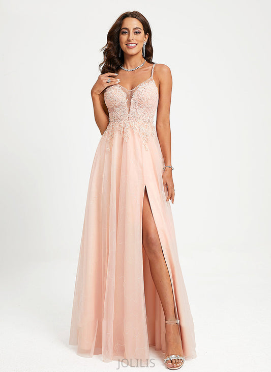 V-neck Prom Dresses With Floor-Length Beading Sequins Britney Ball-Gown/Princess Lace Tulle