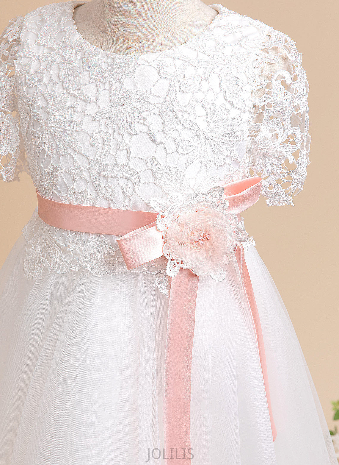 Scoop Karen Sleeves Knee-length Tulle/Lace With Neck Flower Girl Flower Girl Dresses Sash/Flower(s) - A-Line Short Dress