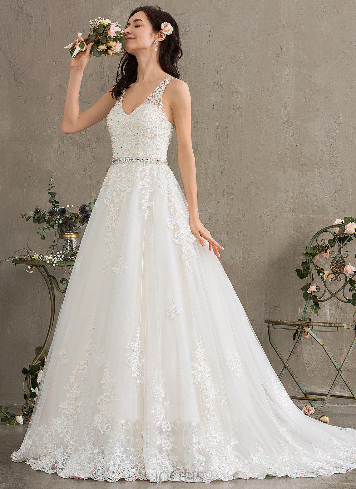 With Wedding Dresses Ball-Gown/Princess Dress Train Sequins Beading Wedding Emmy V-neck Lace Tulle Court