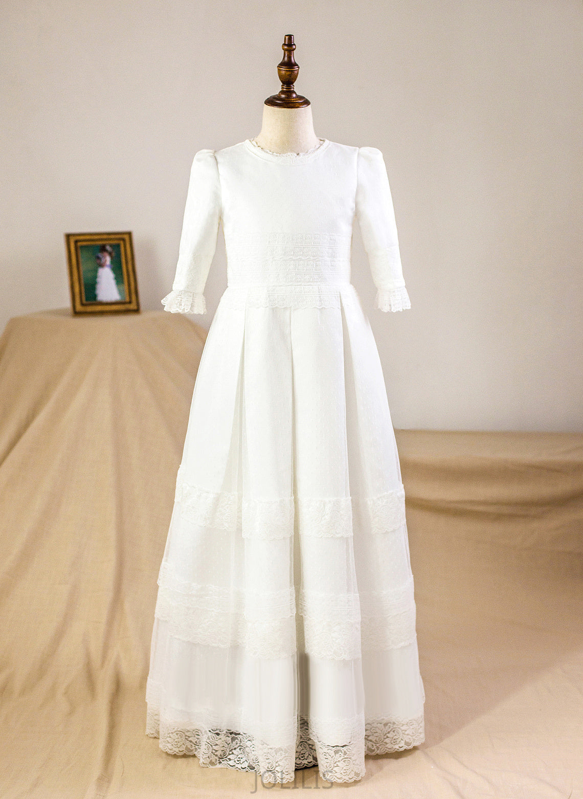 Floor-length Dress Empire 3/4 Sleeves Flower Girl Dresses Neck Satin/Lace Girl Flower - Scoop Wendy