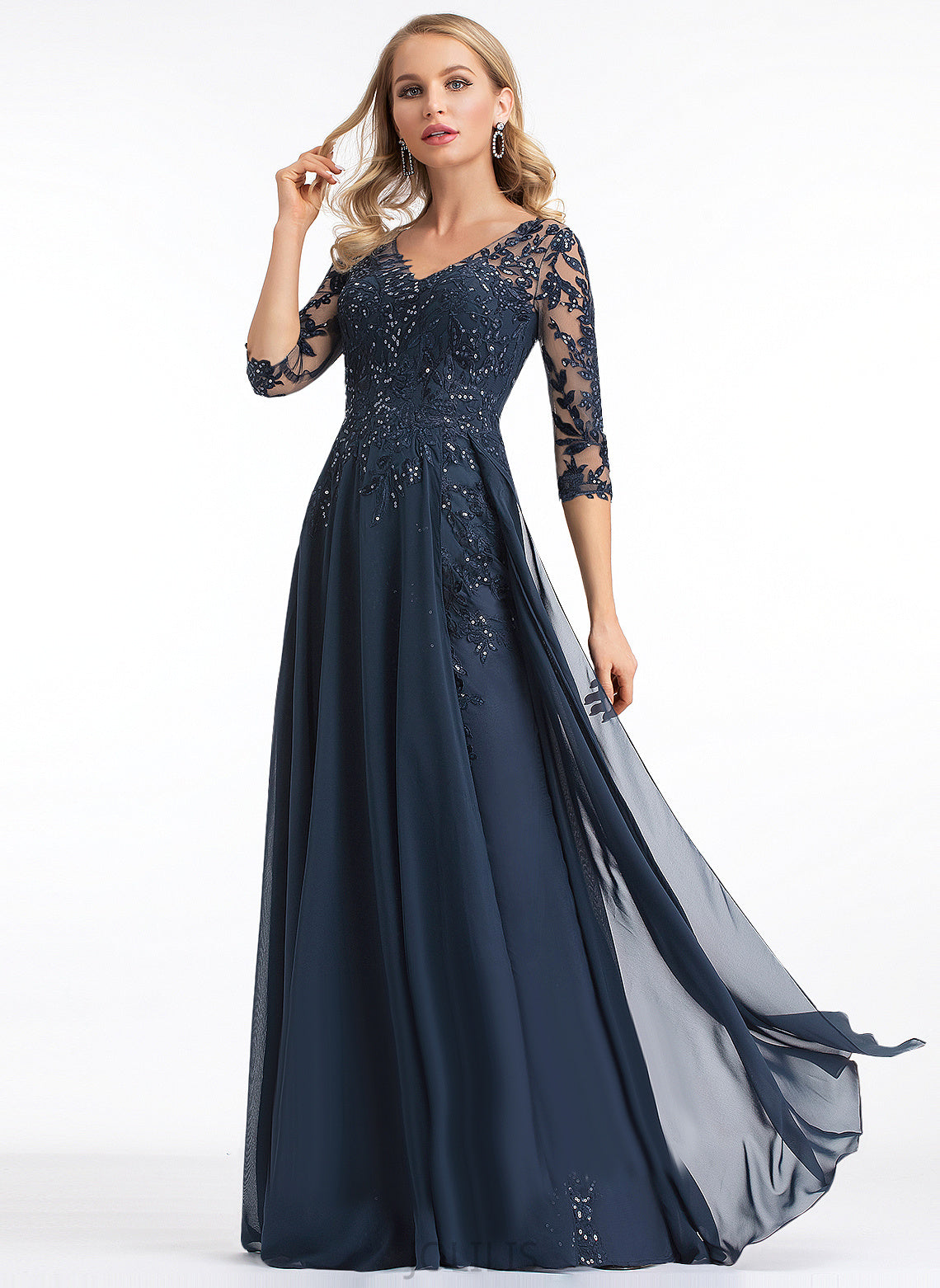 Sequins Chiffon A-Line V-neck With Prom Dresses Marisol Floor-Length Lace