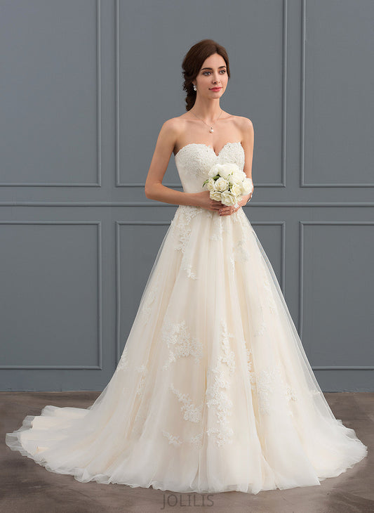 Tulle Train Ball-Gown/Princess Ruffle Dress With Wedding Wedding Dresses Sweetheart Court Beading Whitney