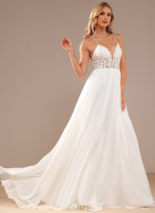 V-neck Lace With A-Line Sequins Dress Chiffon Wedding Wedding Dresses Alana Beading Sweep Train