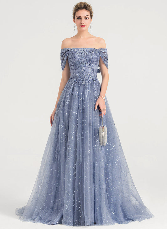 With Off-the-Shoulder Sequins Ball-Gown/Princess Prom Dresses Train Sweep Tulle Melissa