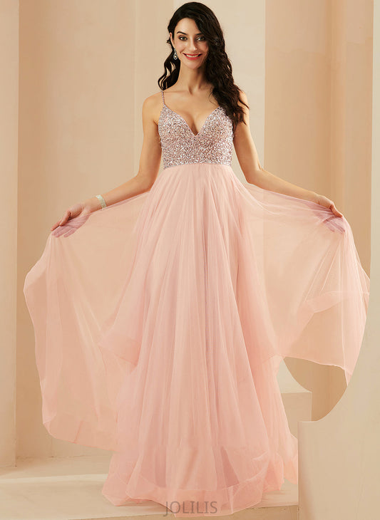 Tulle With Floor-Length Beading A-Line Sequins Prom Dresses Courtney V-neck