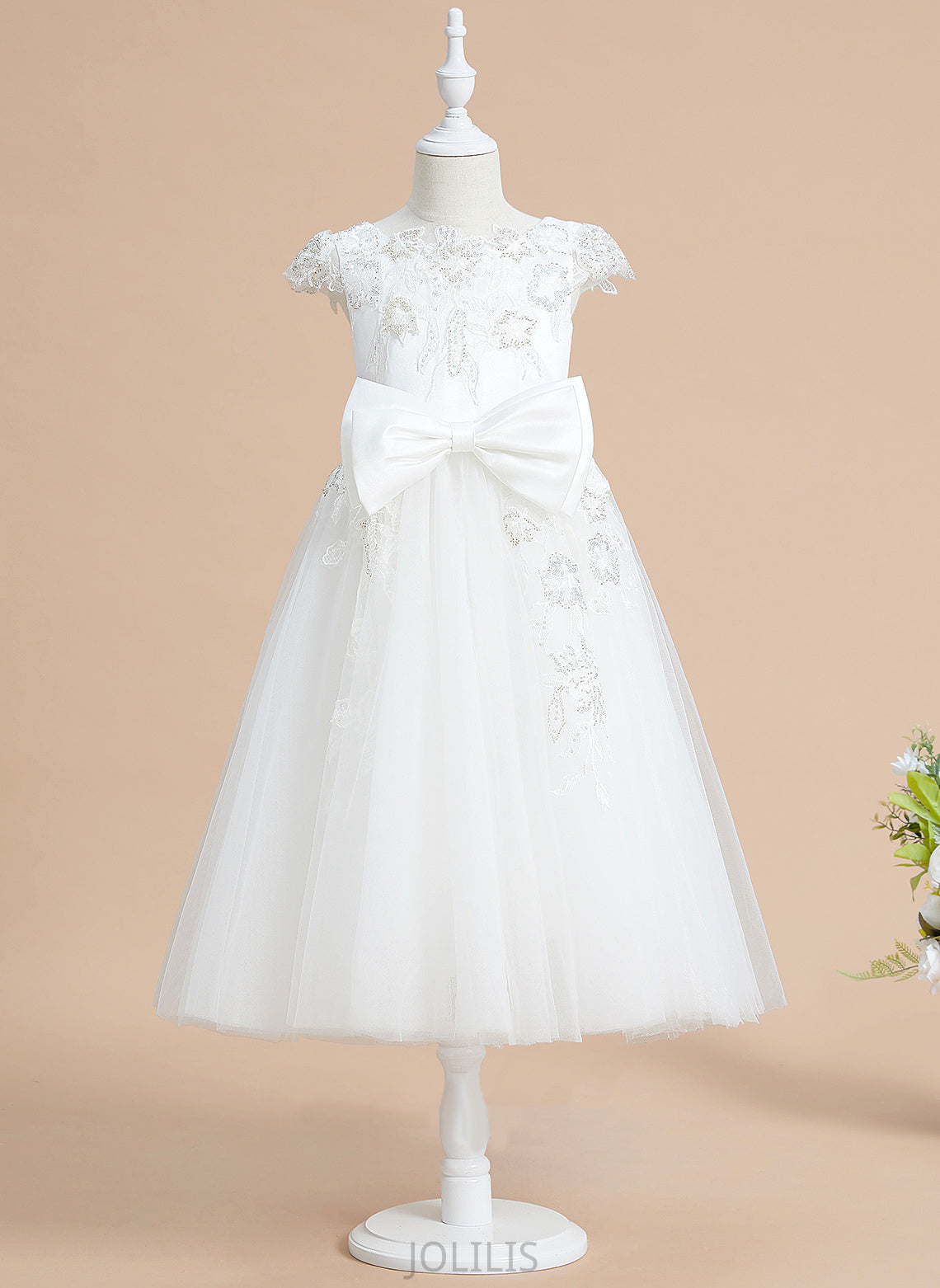 Scoop Flower Girl Dresses Sequins/Bow(s) Tulle/Lace Dress Hayden - With Neck Short Flower Sleeves A-Line Girl Tea-length