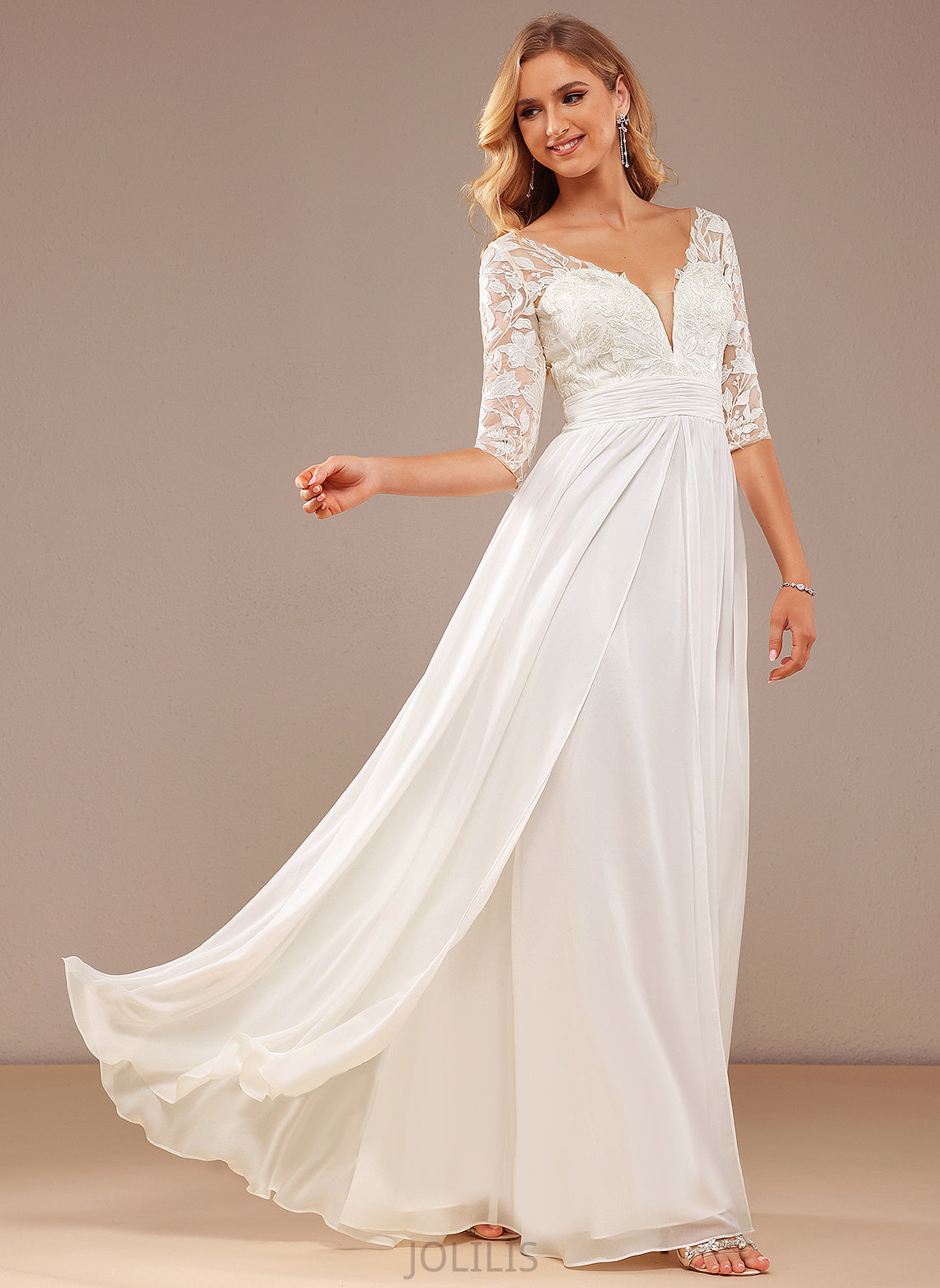 Wedding Lace Floor-Length A-Line Chiffon V-neck With Wedding Dresses Julia Dress Ruffle Sequins