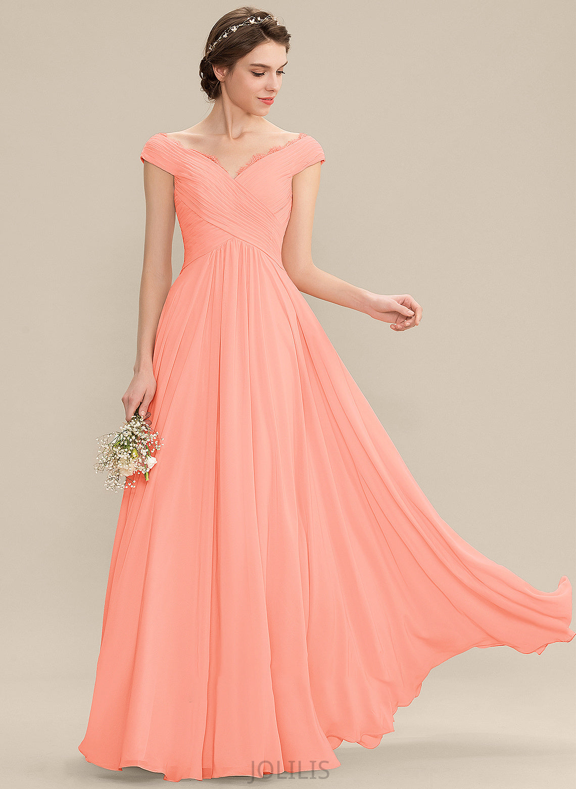 Lace Floor-Length Neckline Embellishment Length Fabric Off-the-Shoulder A-Line Ruffle Silhouette Mavis A-Line/Princess Bridesmaid Dresses