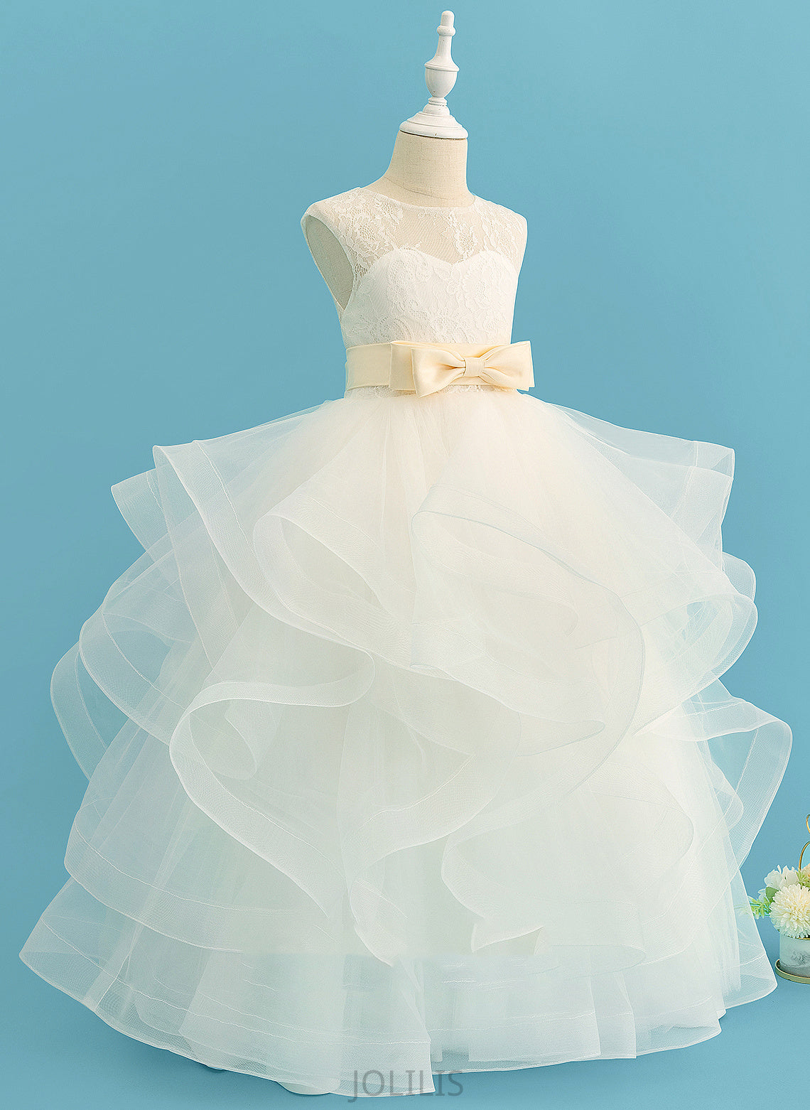 '- Satin/Tulle/Lace sash) Neck Bow(s) Jaslene Flower Girl Scoop Sleeveless Flower Girl Dresses Ball-Gown/Princess Dress Floor-length (Detachable With