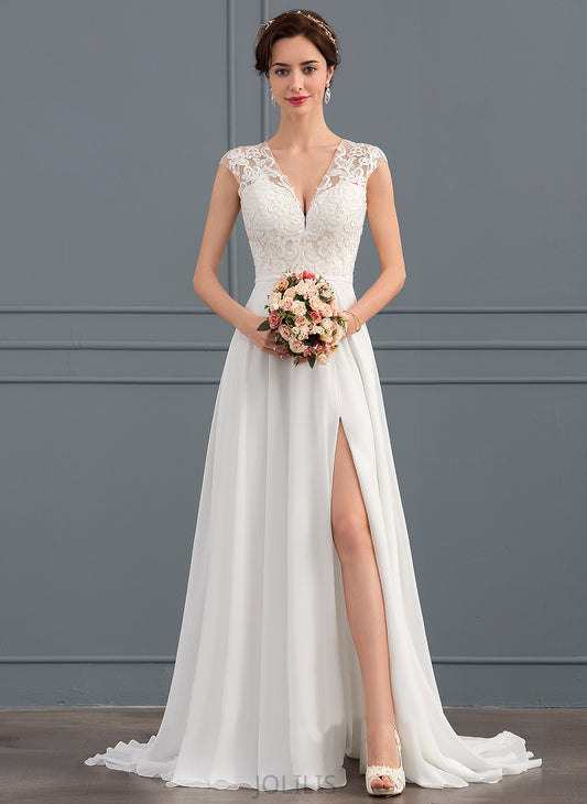 Lace With Dress A-Line Wedding Sweep V-neck Train Split Wedding Dresses Pamela Front Chiffon