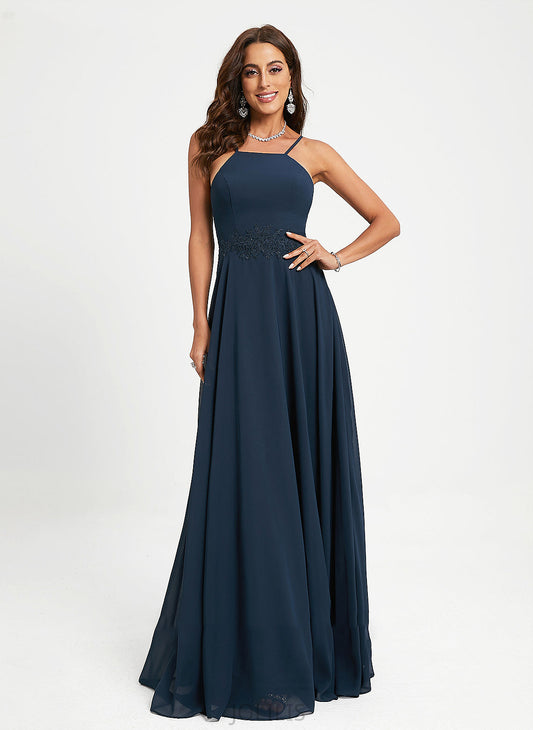 Halter Floor-Length Chiffon A-Line With Lace Jean Prom Dresses