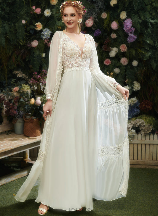 Split A-Line Floor-Length Wedding V-neck Lace Meg Sequins Wedding Dresses Front Dress Chiffon With