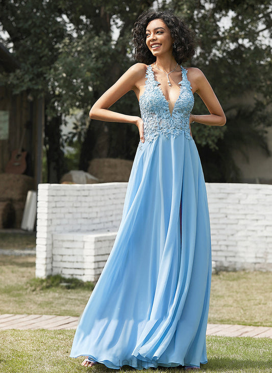 A-Line Chiffon Prom Dresses V-neck With Lace Floor-Length Lea