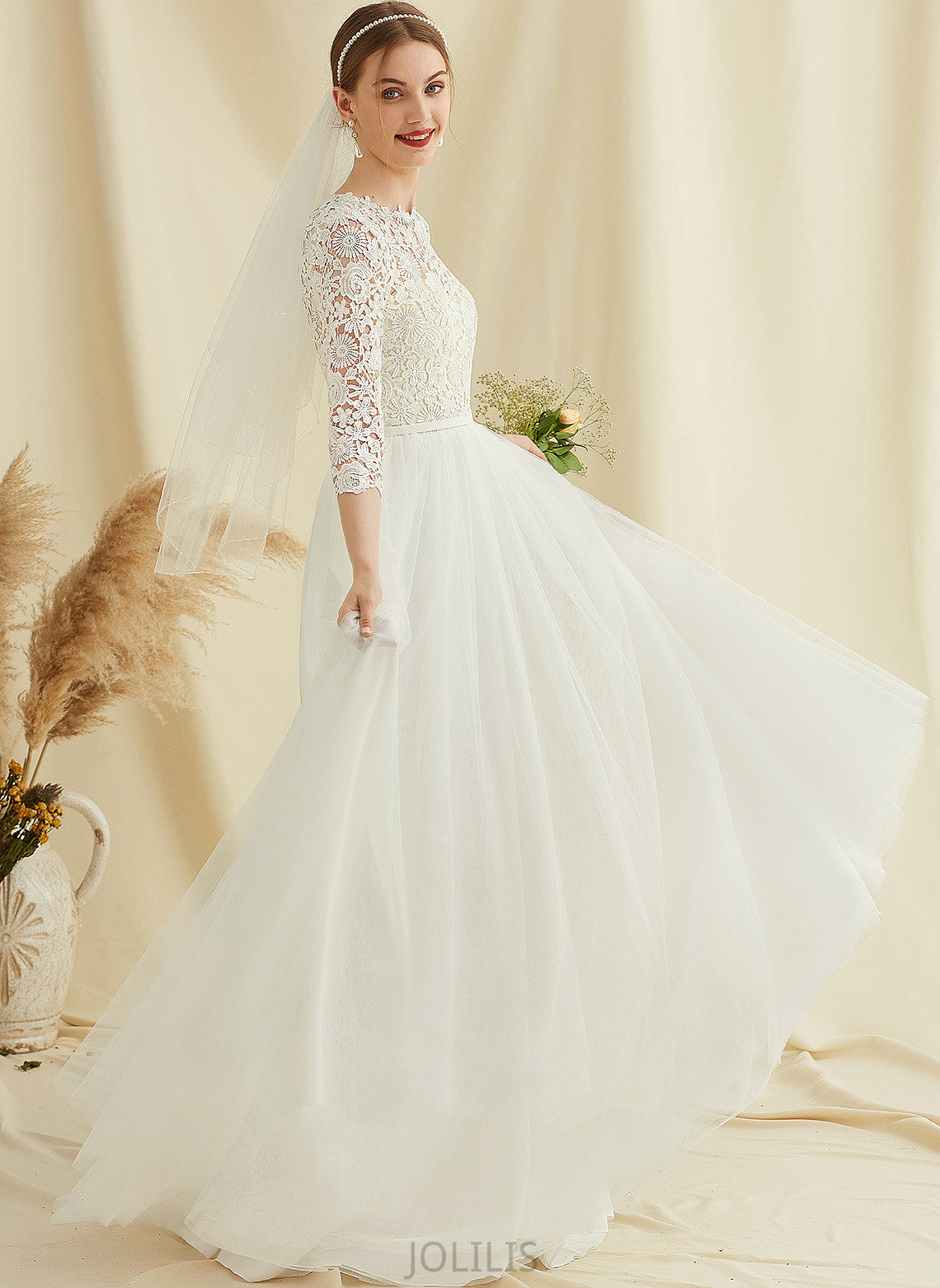 A-Line Wedding Dress Train Sweep Tulle Wedding Dresses Peggie Lace