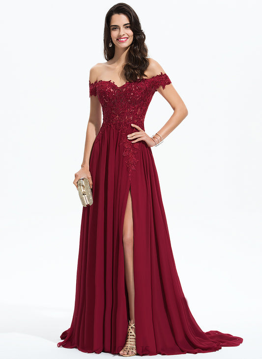 Sequins Chiffon Lace Sweep Off-the-Shoulder Prom Dresses A-Line Train With Ayla